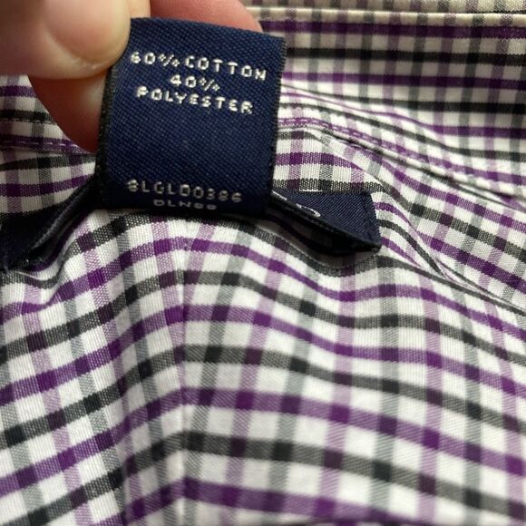 Lands End White Purple Black Gingham Cotton Button Down Long Sleeves Men 16.5 - Picture 9 of 12